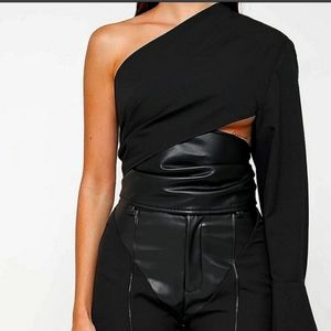 Women one sleeve vegan leather wrap top